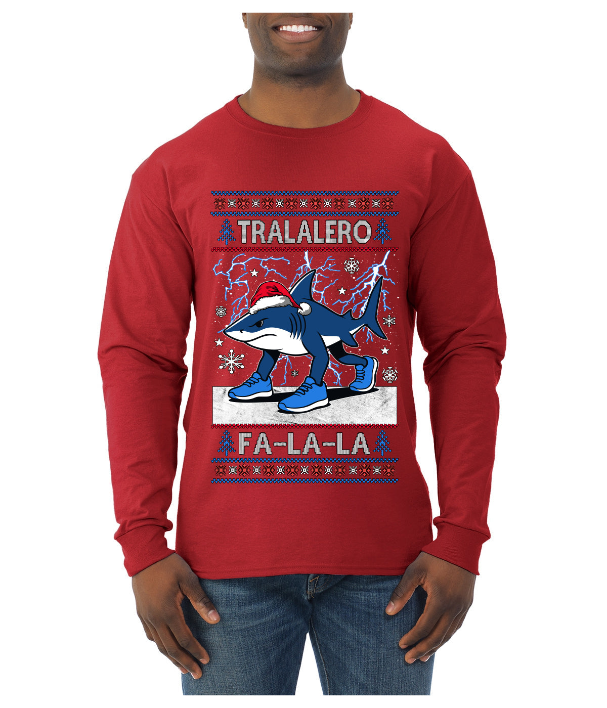 Tralalero Fa La La Brainrot, Ugly Christmas Sweater Mens Long Sleeve Shirt