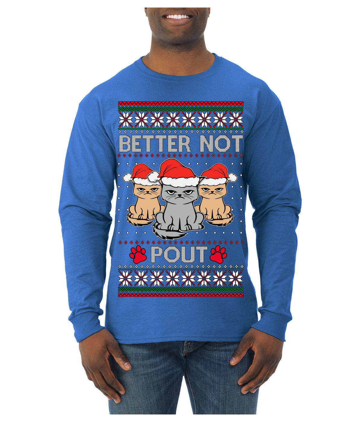 Better Not Pout, Cute Sad Santa Cats | Funny Ugly Christmas Sweater Mens Long Sleeve Shirt