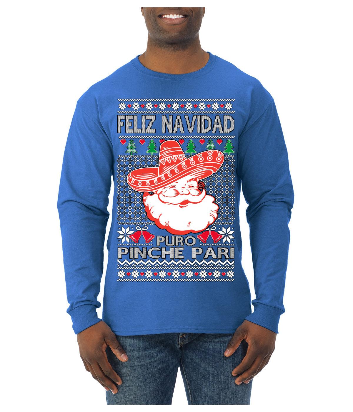 Feliz Navidad Puro Pinche Pari Funny Spanish Song Ugly Christmas Sweater Mens Long Sleeve Shirt
