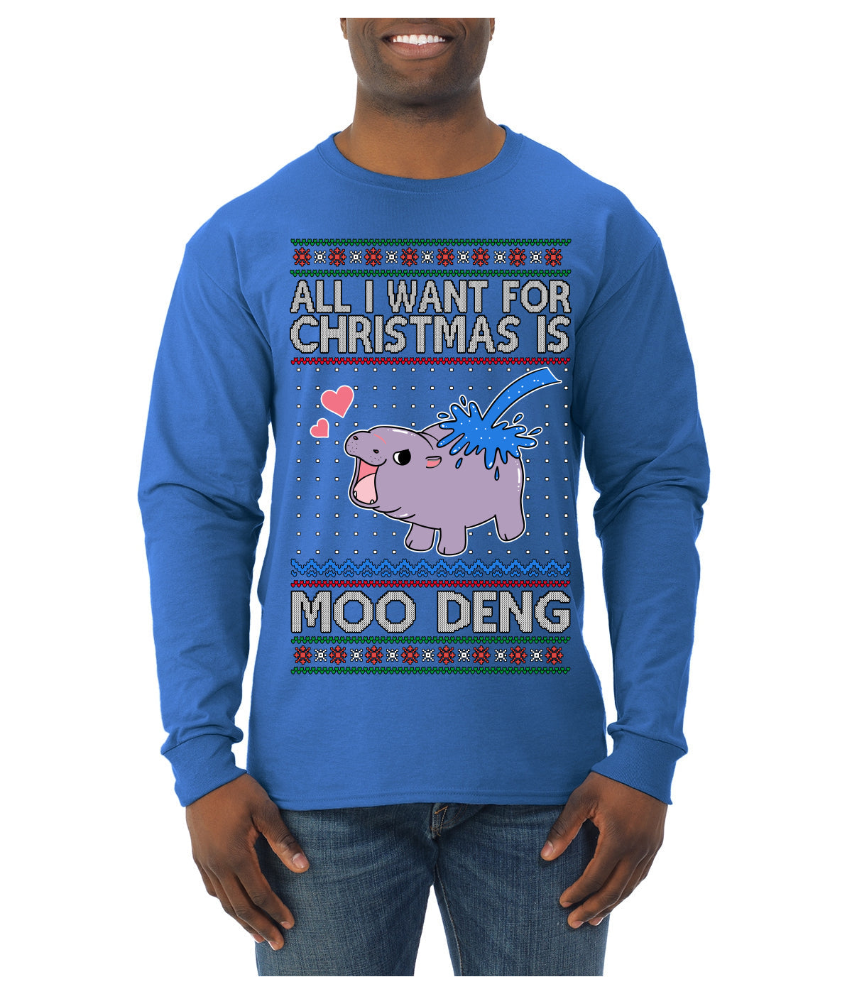 All I Want for Christmas is Moo Deng Cute Pygmy Hippo Ugly Christmas Sweater Mens Long Sleeve Shirt