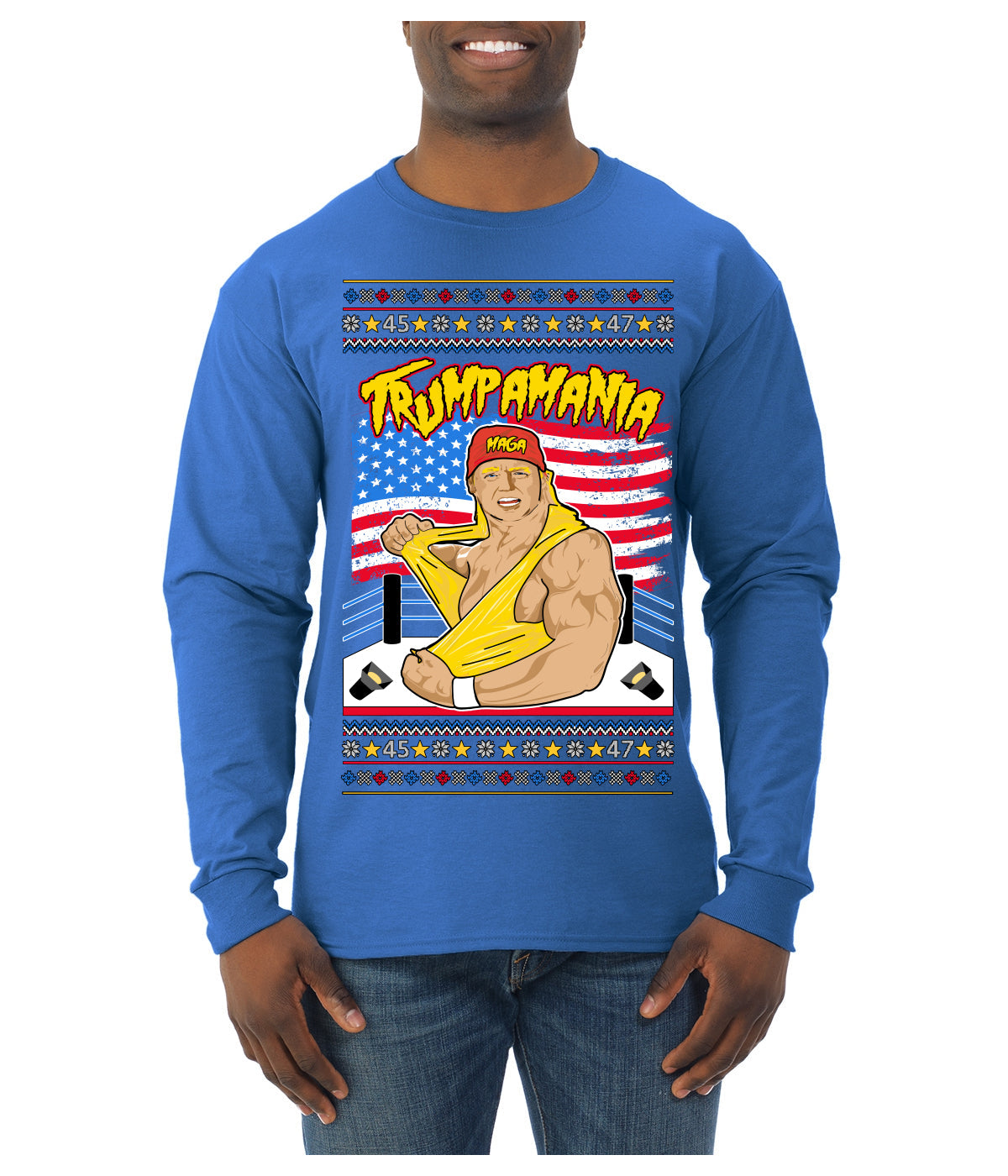 Trumpamania Funny Hogan 80s USA Wrestling Sports Parody Ugly Christmas Sweater Mens Long Sleeve Shirt
