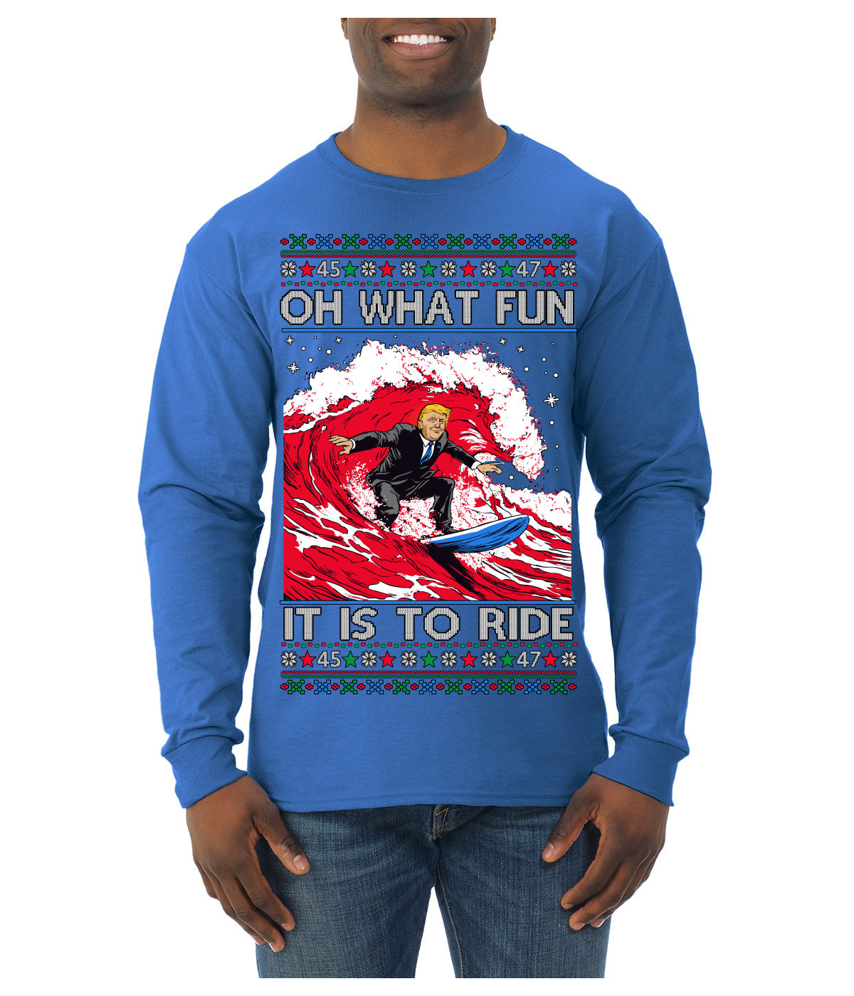 Oh What Fun It Is to Ride Donald Trump Red Wave Landslide Ugly Christmas Sweater Mens Long Sleeve Shirt
