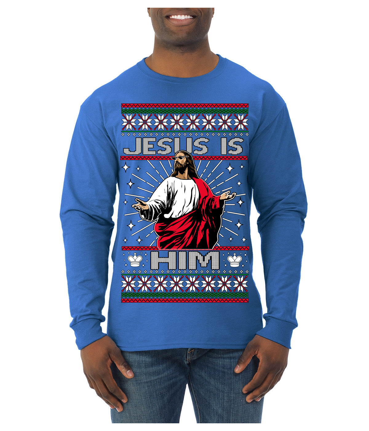 Jesus Is Him Funny Gen Z Viral Meme Shades Slang Ugly Christmas Sweater Mens Long Sleeve Shirt