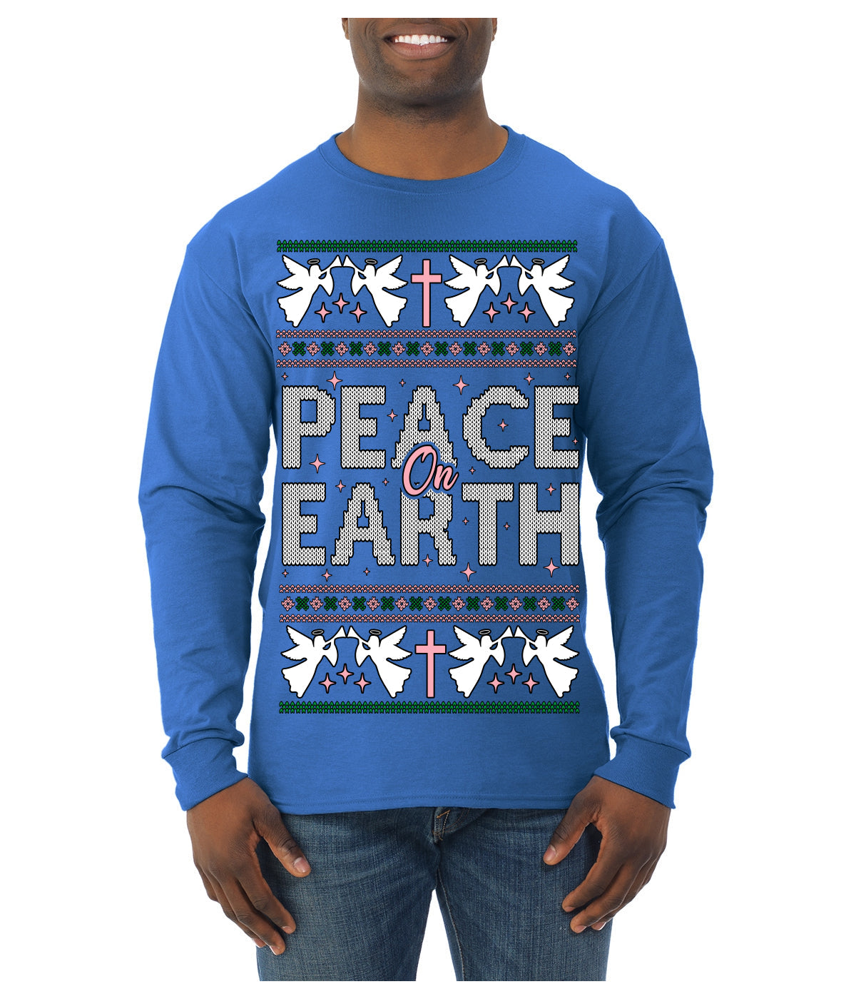 Peace On Earth Funny Xmas Cute Pink Angel Cross Ugly Christmas Sweater Mens Long Sleeve Shirt