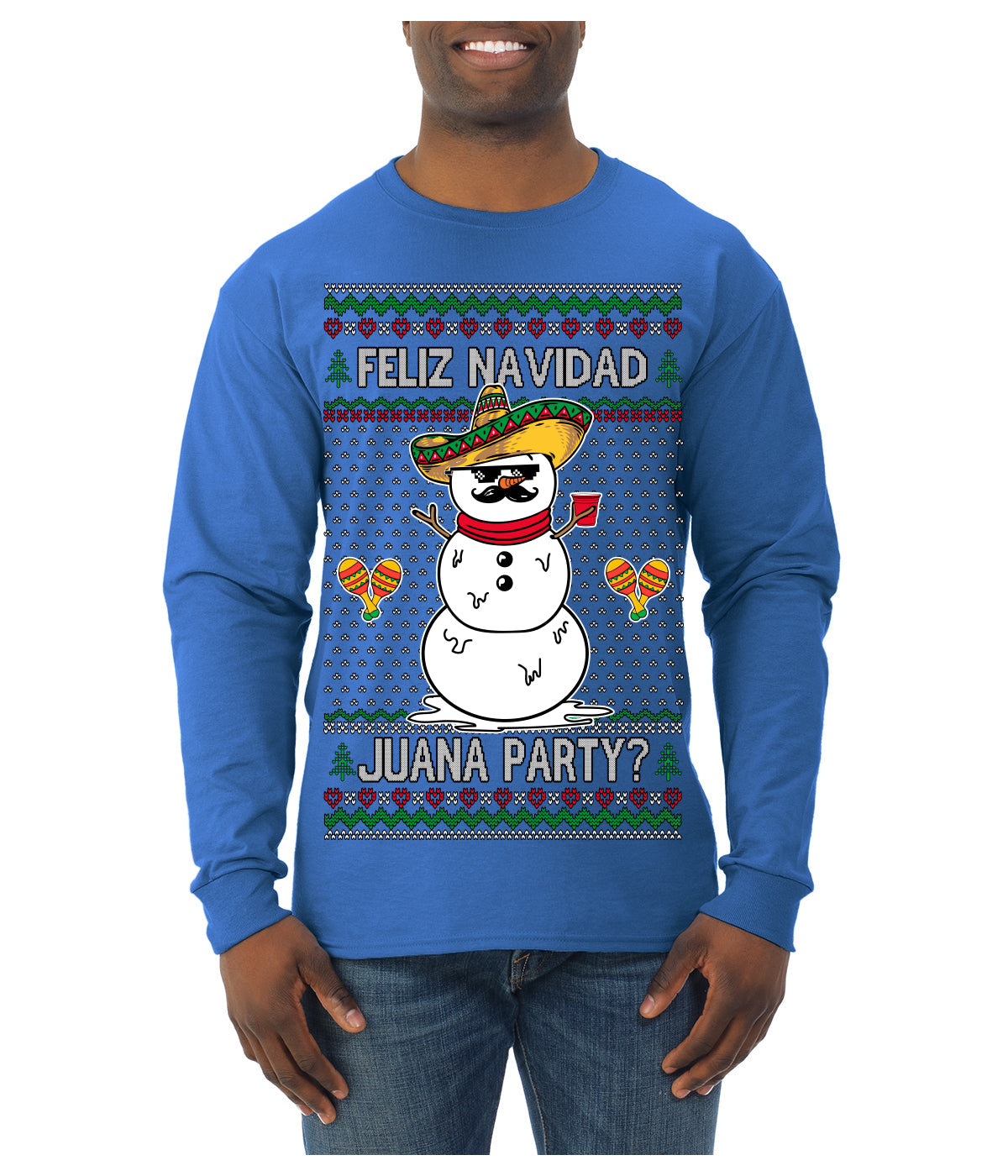 Feliz Navidad Juana Party Funny Spanish Drinking Cerveza Ugly Christmas Sweater Mens Long Sleeve Shirt
