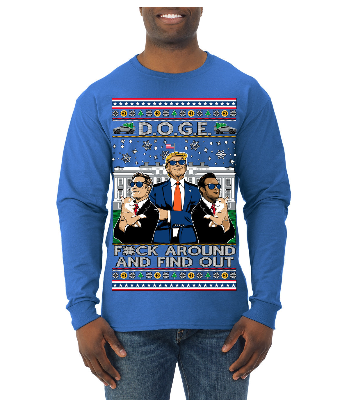 Doge F Around and Find Out Donald Trump Elon Vivek MAGA Ugly Christmas Sweater Mens Long Sleeve Shirt