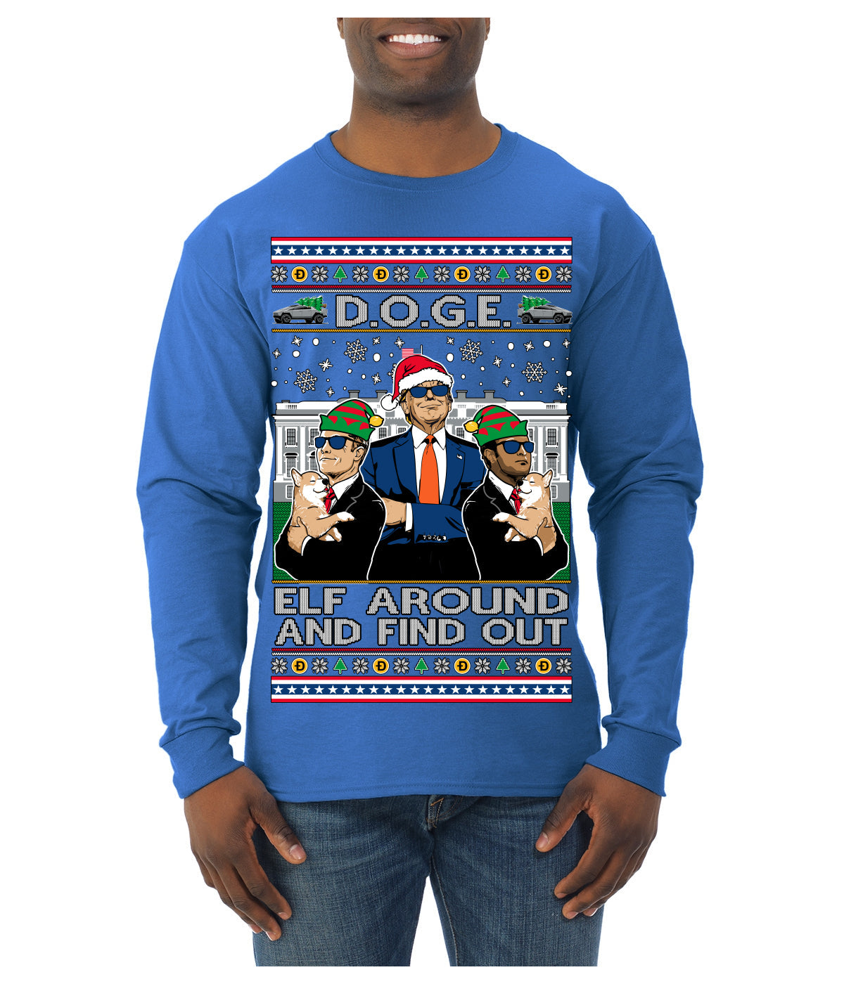 Doge Elf Around and Find Out Trump Elon Vivek MAGA Ugly Christmas Sweater Mens Long Sleeve Shirt