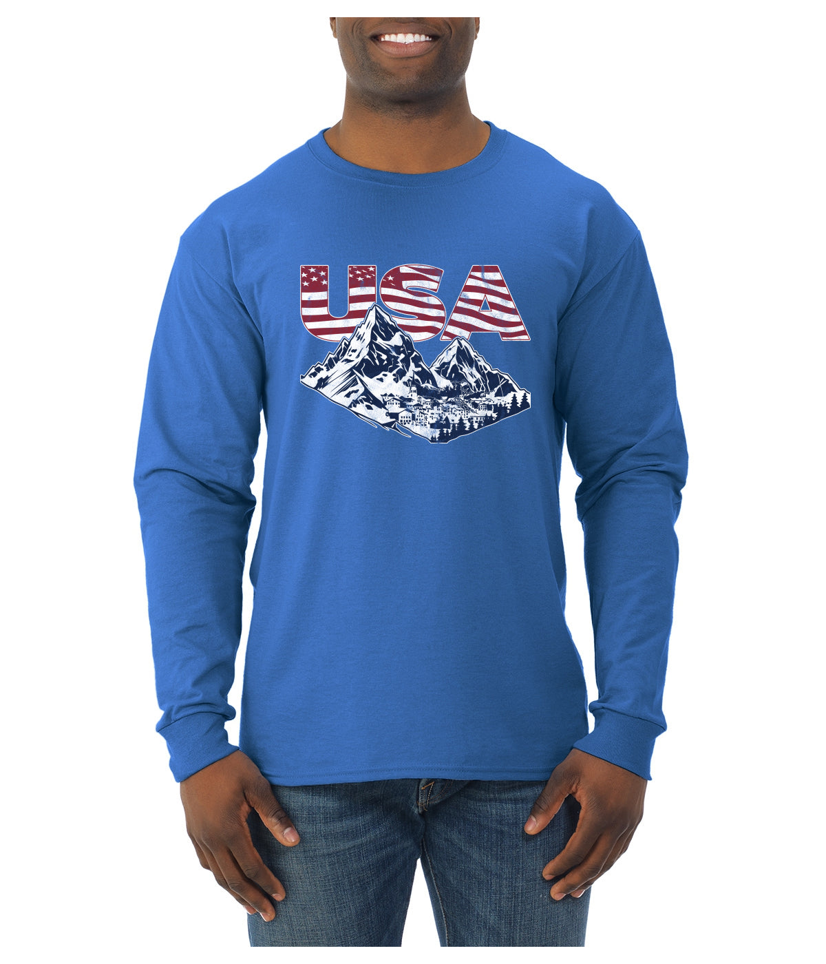USA Winter Team Sports Fan Collection | USA Flag Mountainscape Sweater, Unisex Mens Long Sleeve Shirt