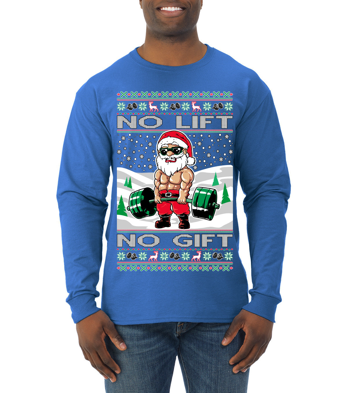 No Lift No Gift Fitness Workout Santa Ugly Christmas Sweater Mens Long Sleeve Shirt