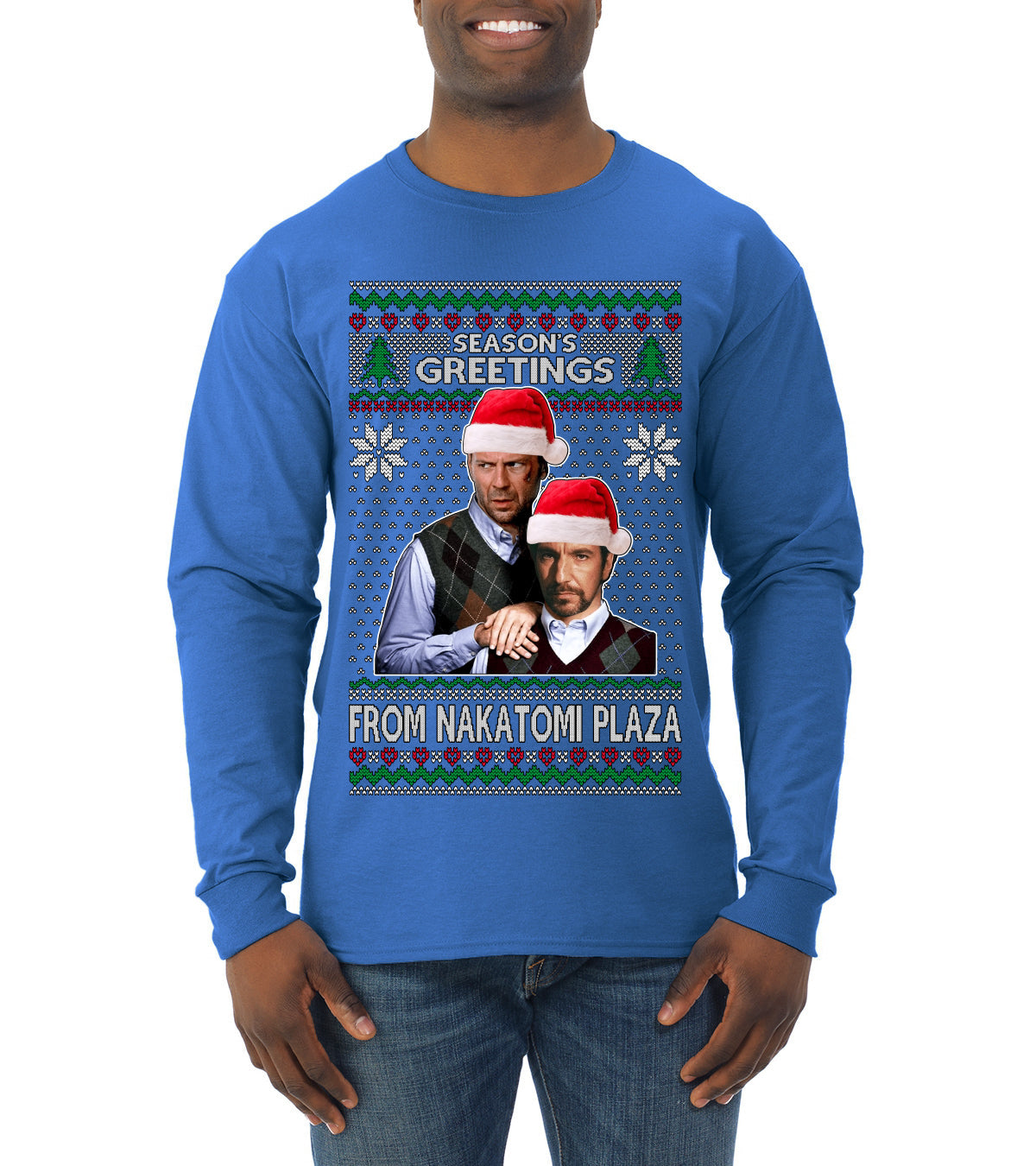 Season's Greeting From Nakatomi Plaza Ugly Christmas Sweater Mens Long Sleeve Shirt