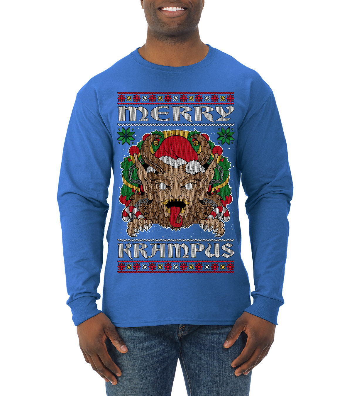 Merry Krampus Santa Folklore Figure Horror Ugly Christmas Sweater Mens Long Sleeve Shirt
