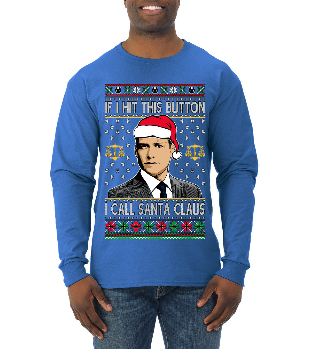 Harvey Hit This Button I Call Santa Specter TV Show Parody Ugly Christmas Sweater Mens Long Sleeve Shirt