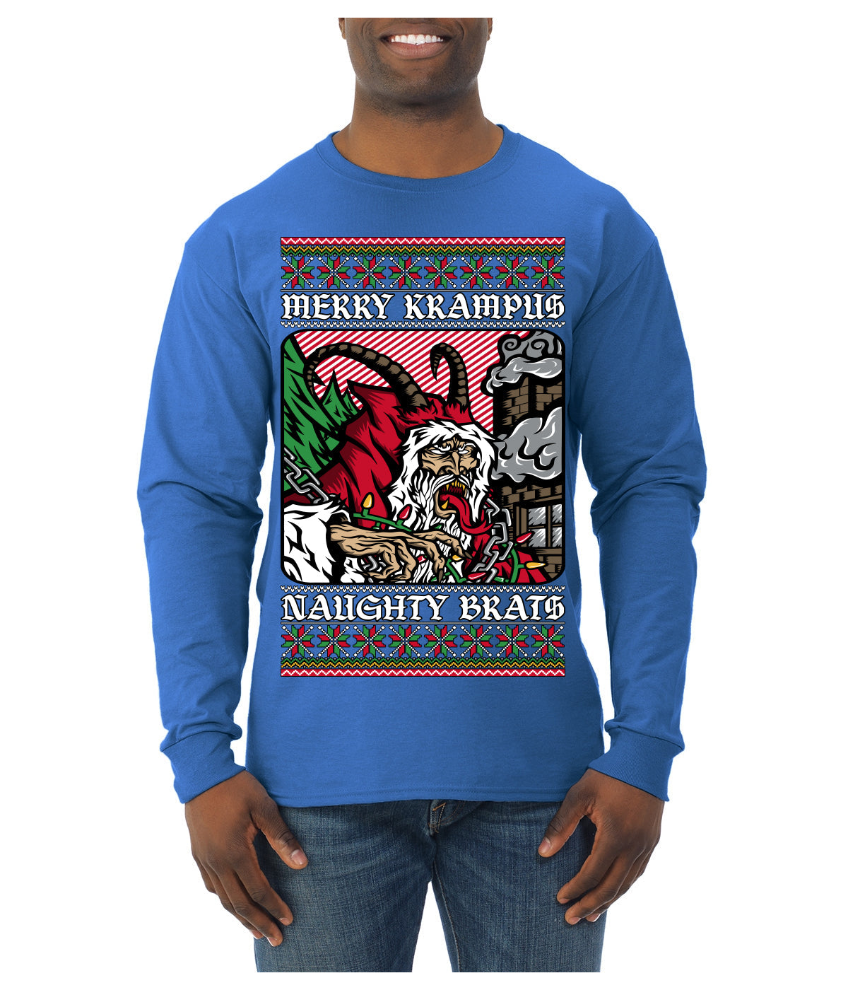 Merry Krampus Naughty Brats | Funny Ugly Christmas Sweater Mens Long Sleeve Shirt