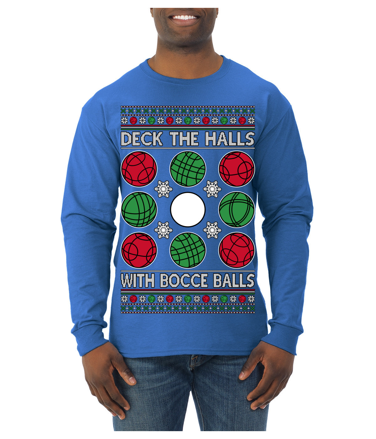 Deck the Halls with Bocce Balls, Funny Classic Italy Italian Sports Ugly Christmas Sweater Mens Long Sleeve Shirt