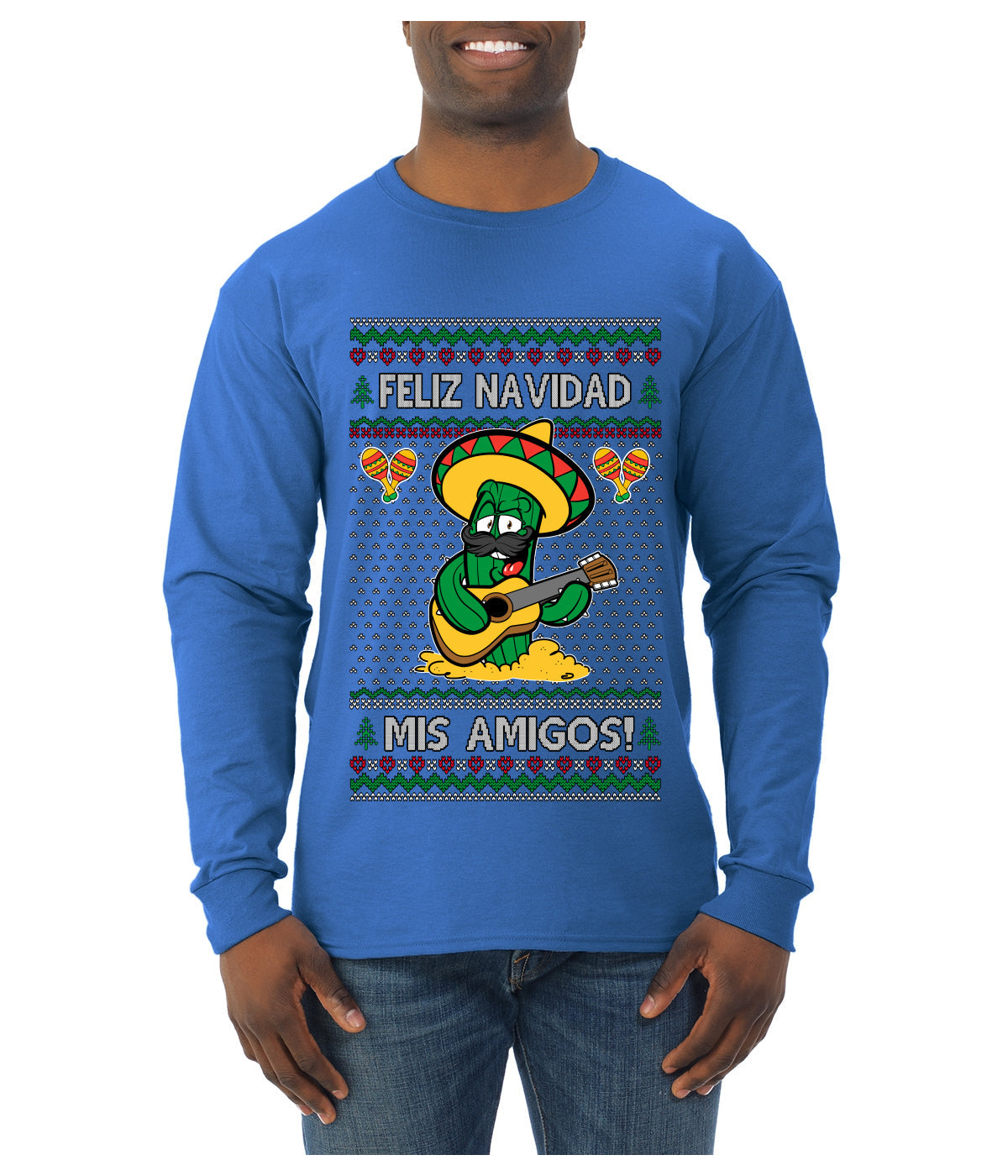 Feliz Navidad Mis Amigos!, Ugly Christmas Sweater Mens Long Sleeve Shirt