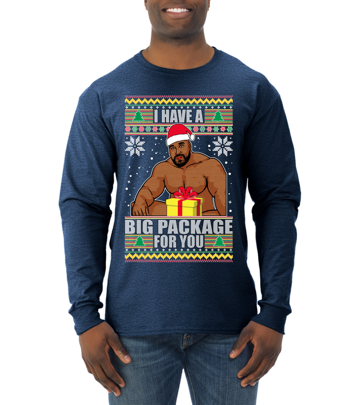 I Have A Big Package Meme Barry Wood Ugly Christmas Sweater Mens Long Sleeve Shirt