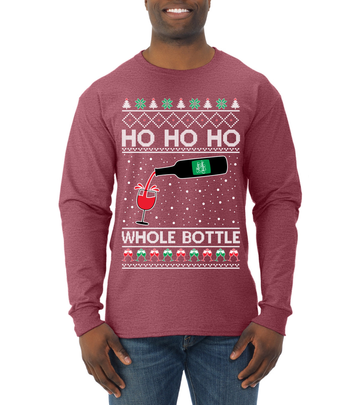 Ho Ho Ho Whole Bottle Wine Spirits Ugly Christmas Sweater Mens Long Sleeve Shirt
