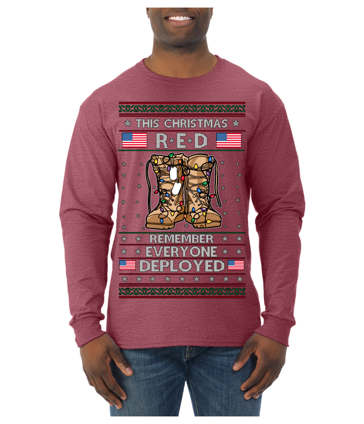 This Christmas RED Remember Everyone Deployed Veteran Ugly Christmas Sweater Mens Long Sleeve Shirt