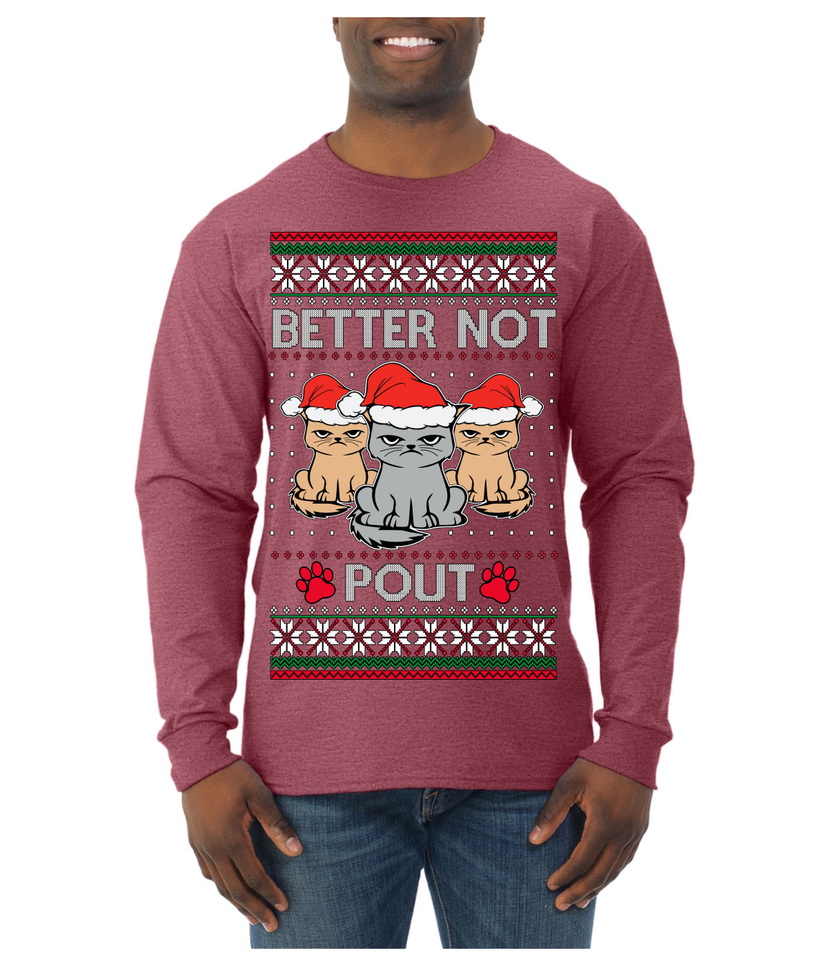 Better Not Pout, Cute Sad Santa Cats | Funny Ugly Christmas Sweater Mens Long Sleeve Shirt