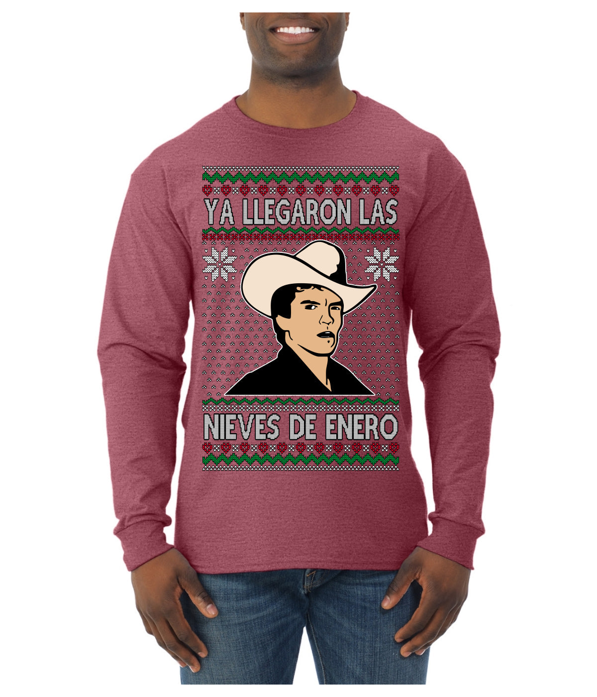 Ya Llegaron Las Nieves De Enero Chalino January Snow Ugly Christmas Sweater Mens Long Sleeve Shirt