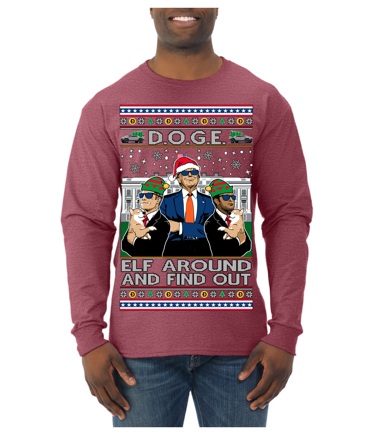 Doge Elf Around and Find Out Trump Elon Vivek MAGA Ugly Christmas Sweater Mens Long Sleeve Shirt