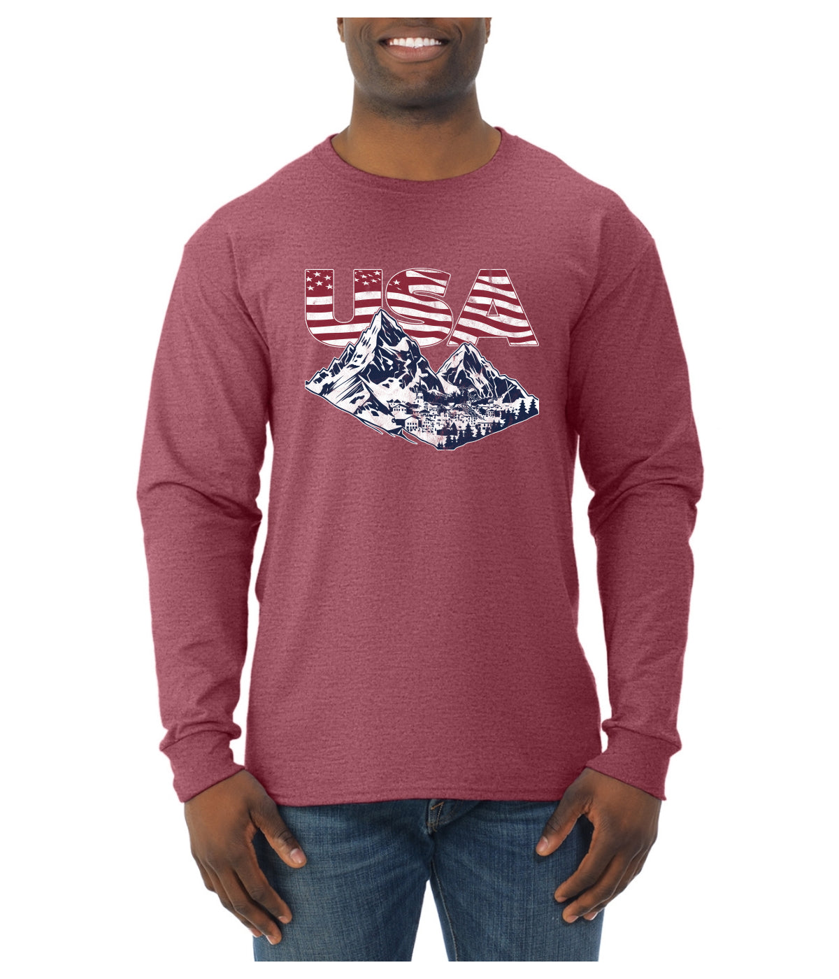 USA Winter Team Sports Fan Collection | USA Flag Mountainscape Sweater, Unisex Mens Long Sleeve Shirt