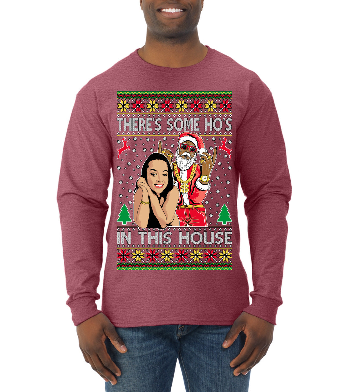 Santa the Plug Hos In This House  Ugly Christmas Sweater Mens Long Sleeve Shirt