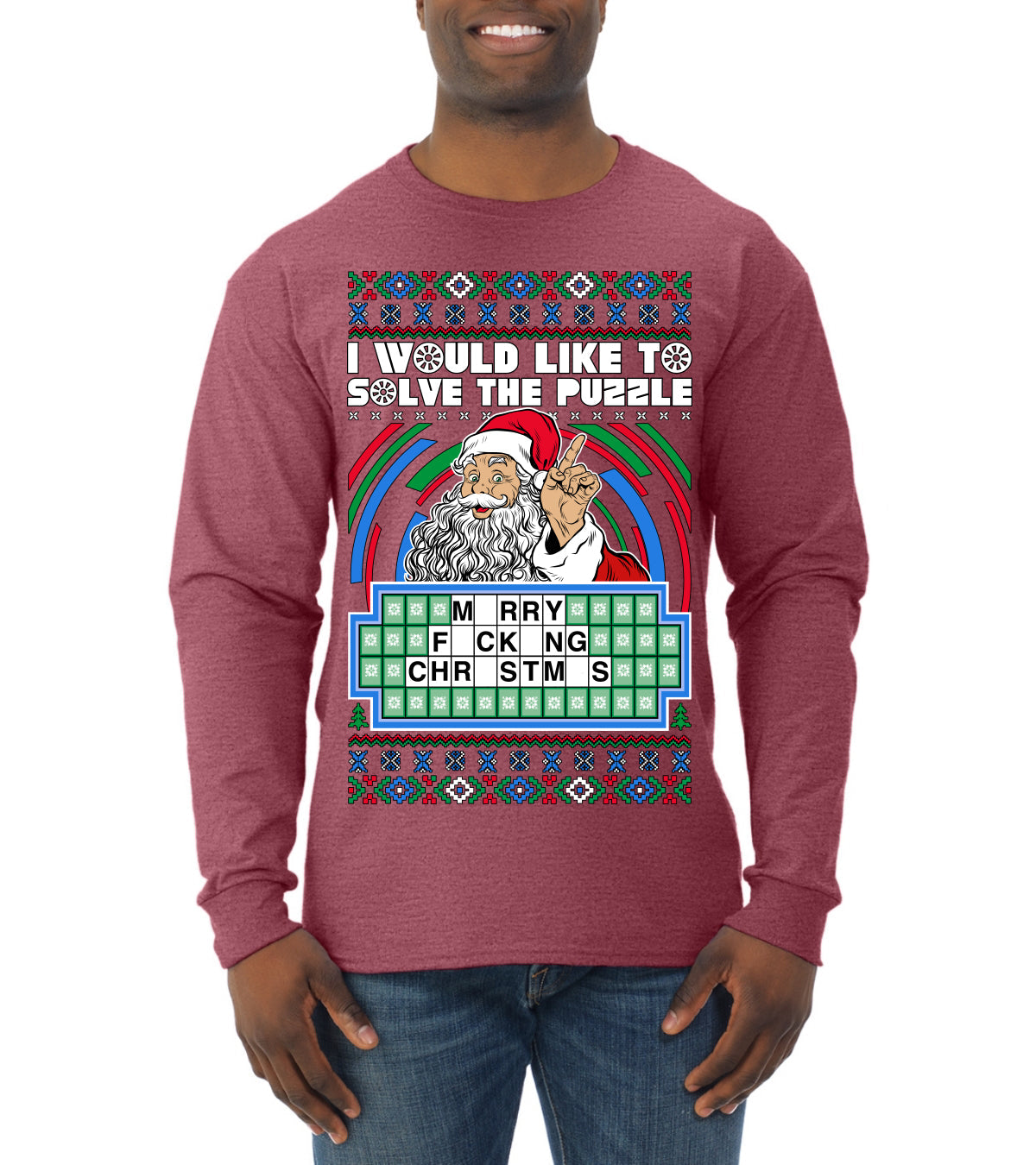 Santa Game Show I'd Like To Solve the Puzzle Wheel Ugly Christmas Sweater Mens Long Sleeve Shirt