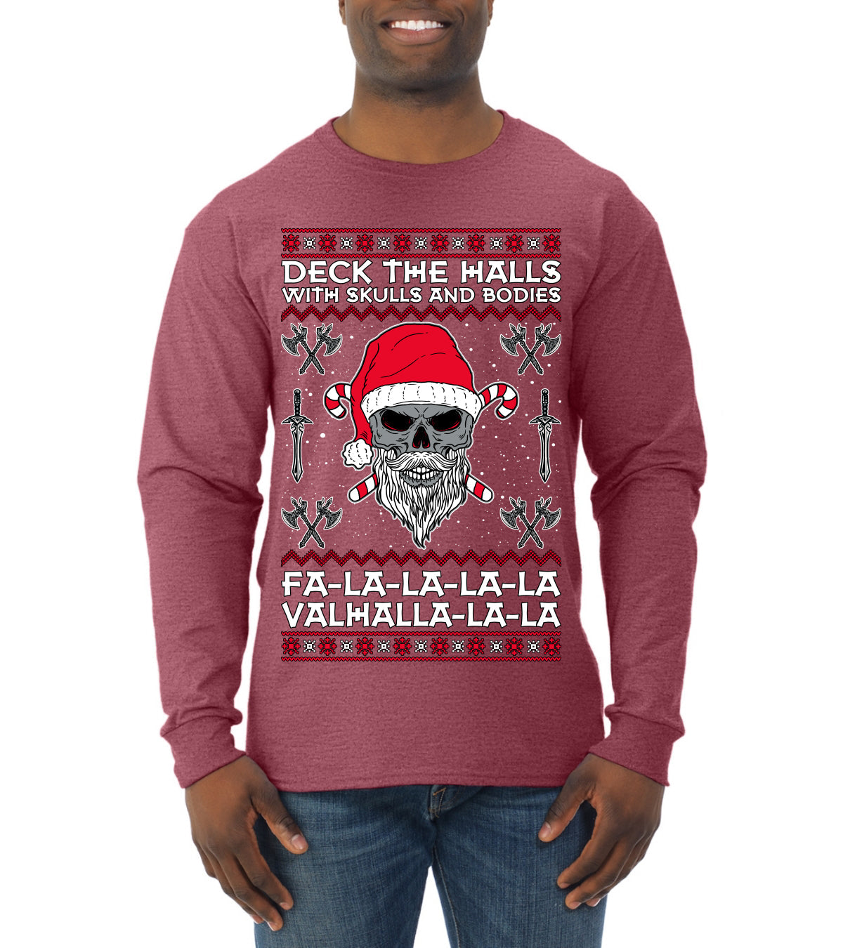 Valhalla Deck The Halls With Skulls & Bodies Ugly Christmas Sweater Mens Long Sleeve Shirt