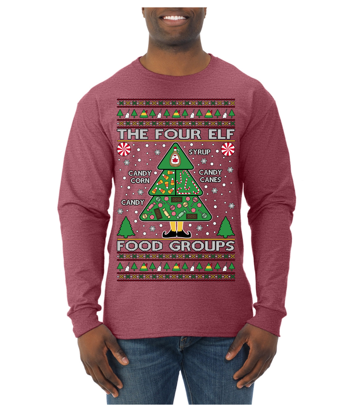 The Four Elf Food Groups Candy Canes Syrup Funny Ugly Christmas Sweater Mens Long Sleeve Shirt