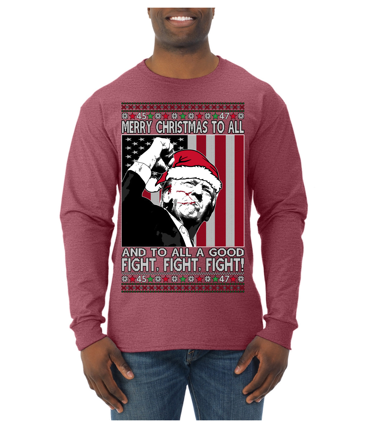 Merry Christmas to All a Good Fight | Santa Donald Trump Ugly Christmas Sweater Mens Long Sleeve Shirt