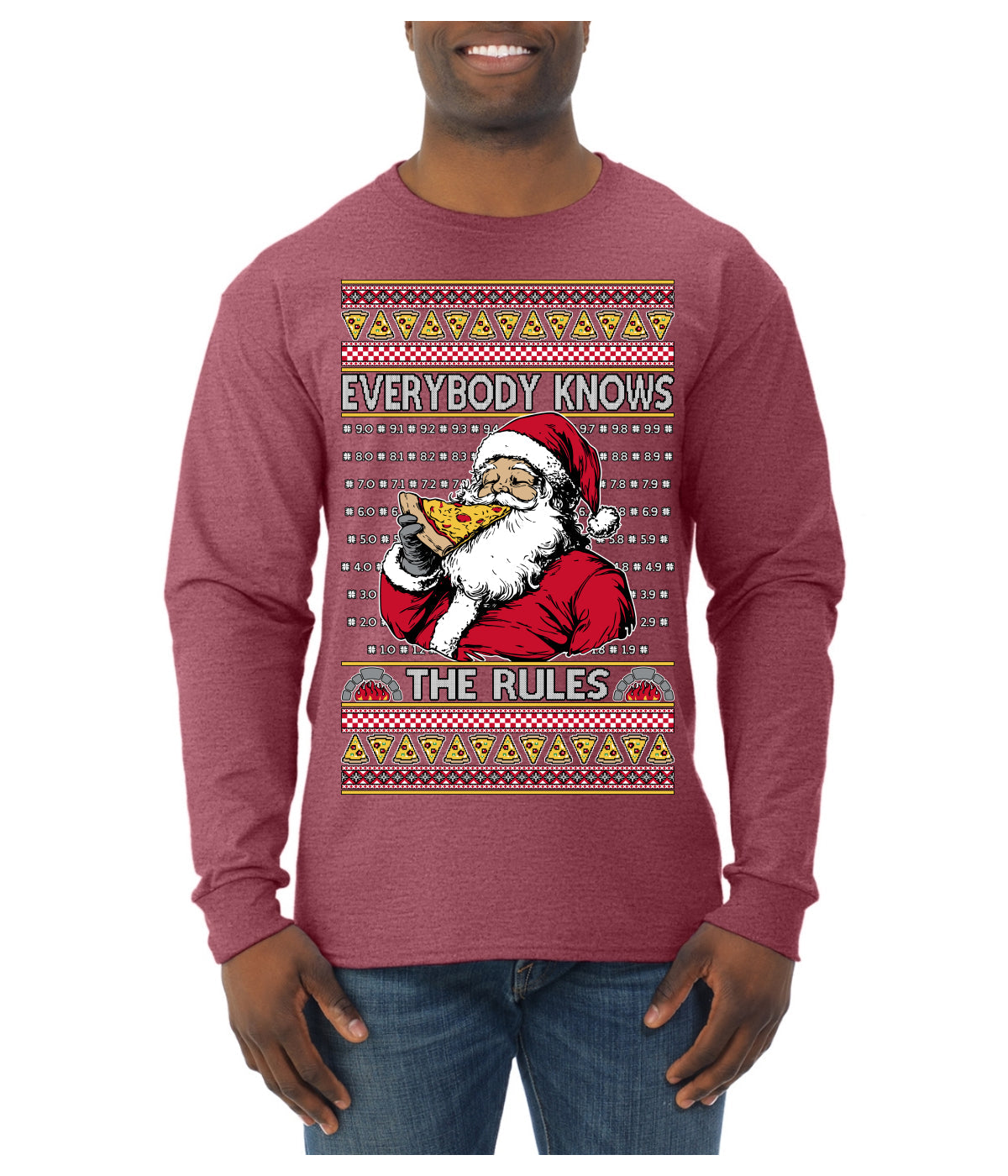 Everybody Knows the Rules Funny Santa Claus Pizza Score Ugly Christmas Sweater Mens Long Sleeve Shirt