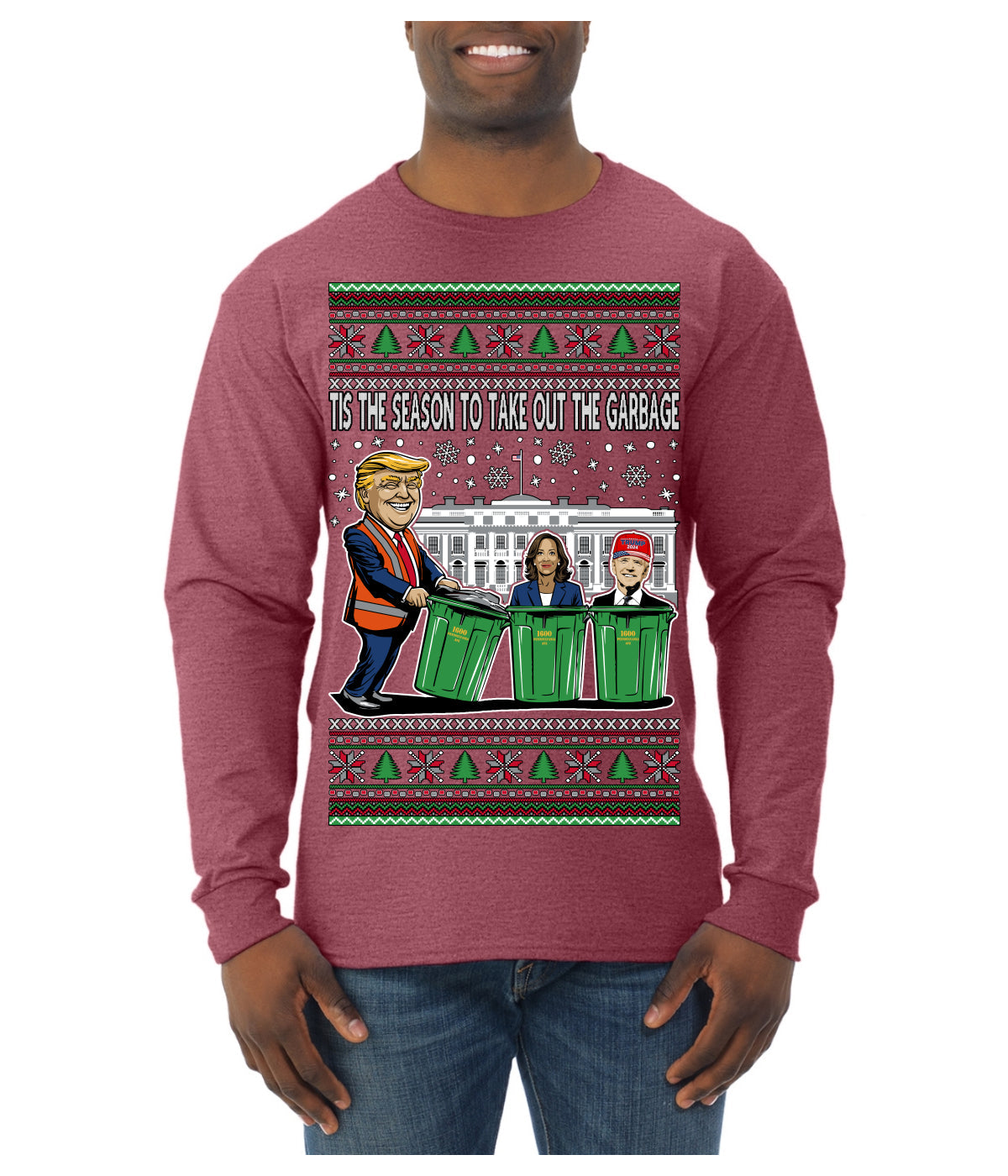 Tis the Season to Take Out the Garbage President Trump Ugly Christmas Sweater Mens Long Sleeve Shirt