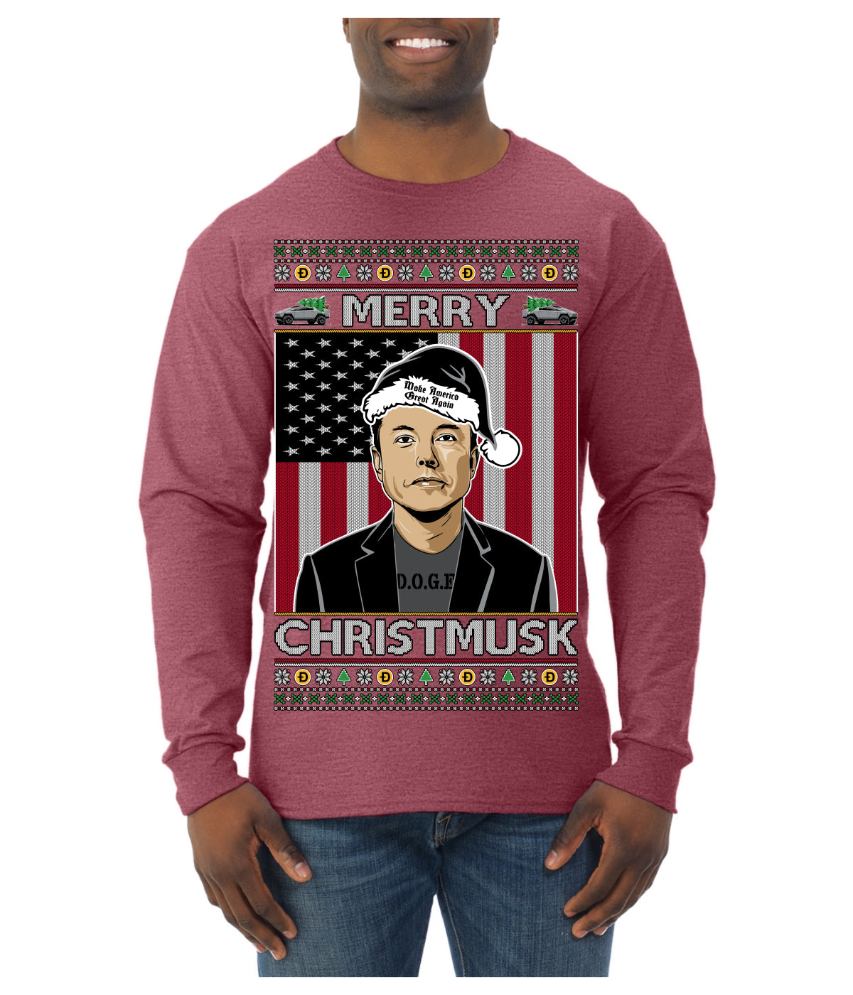 Merry Christmusk Funny Dark MAGA Santa Elon Doge Meme Ugly Christmas Sweater Mens Long Sleeve Shirt