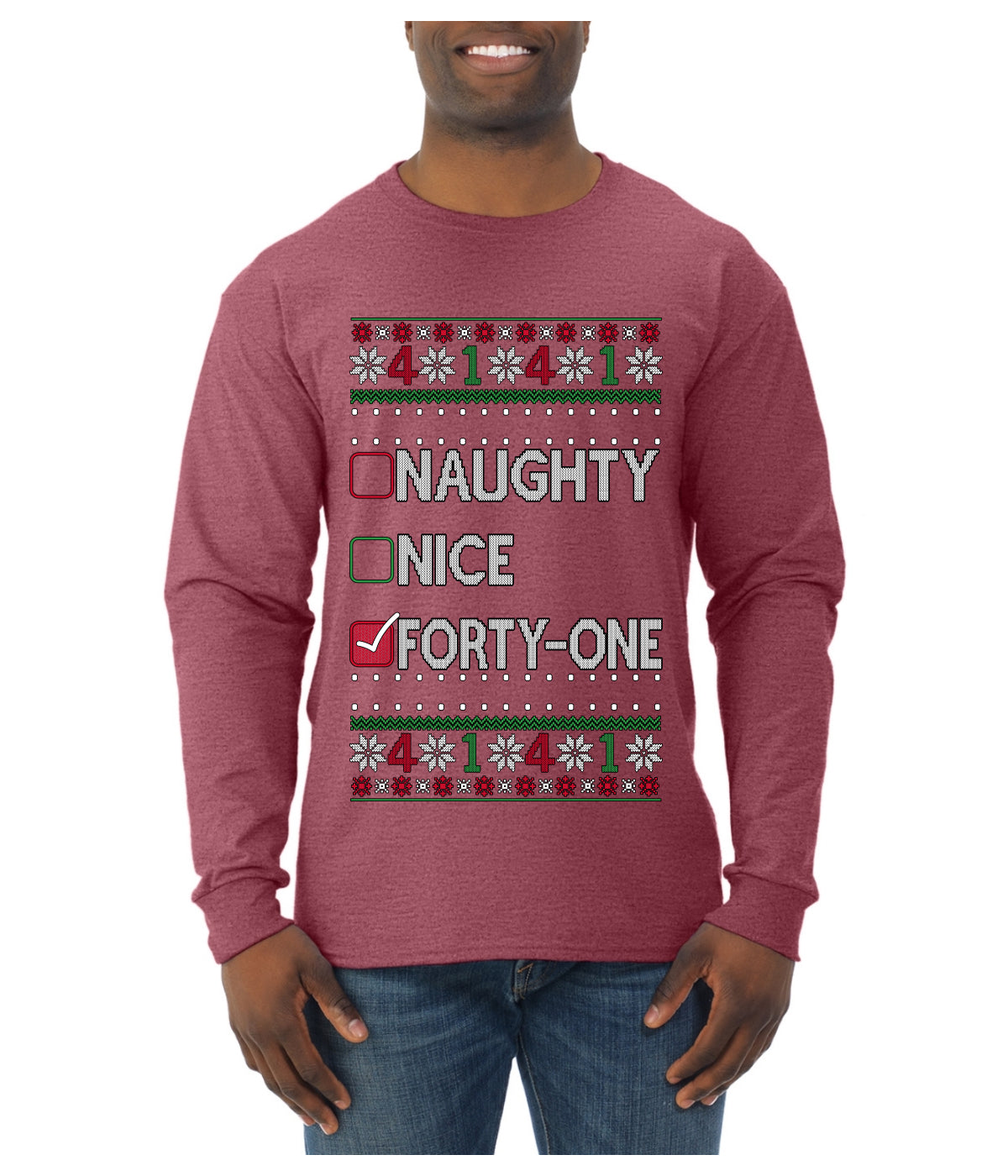 Funny Meme List Naughty, Nice, 41, Ugly Christmas Sweater Mens Long Sleeve Shirt