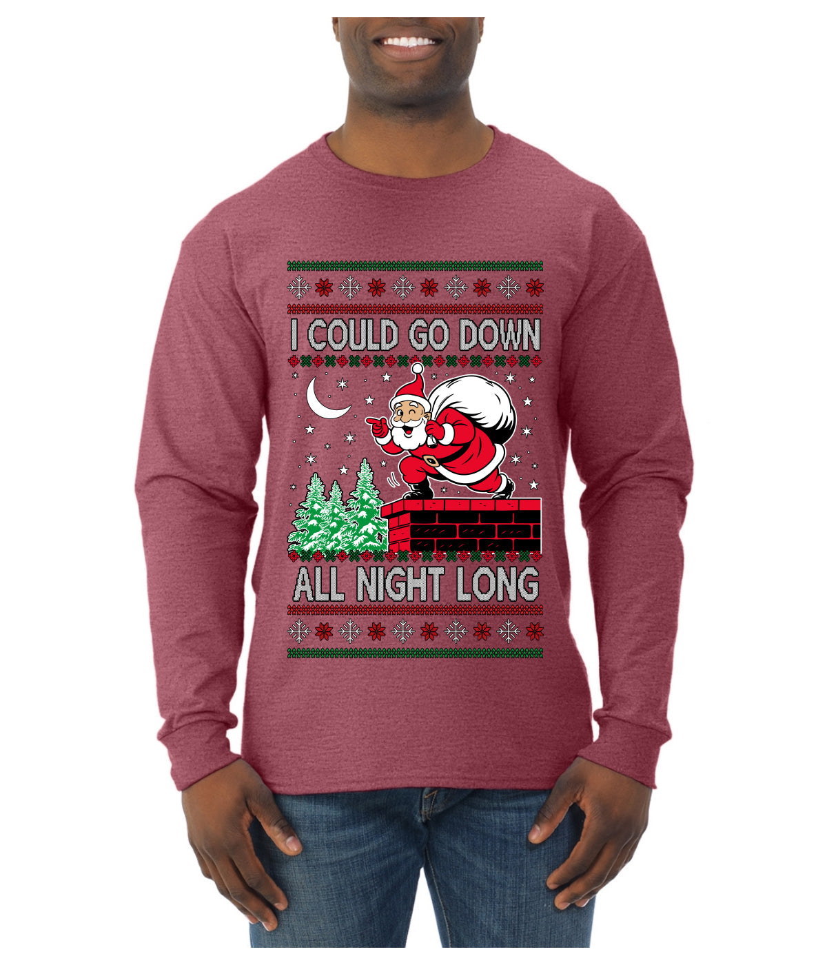 I Could Go Down All Night Long, Ugly Christmas Sweater Mens Long Sleeve Shirt