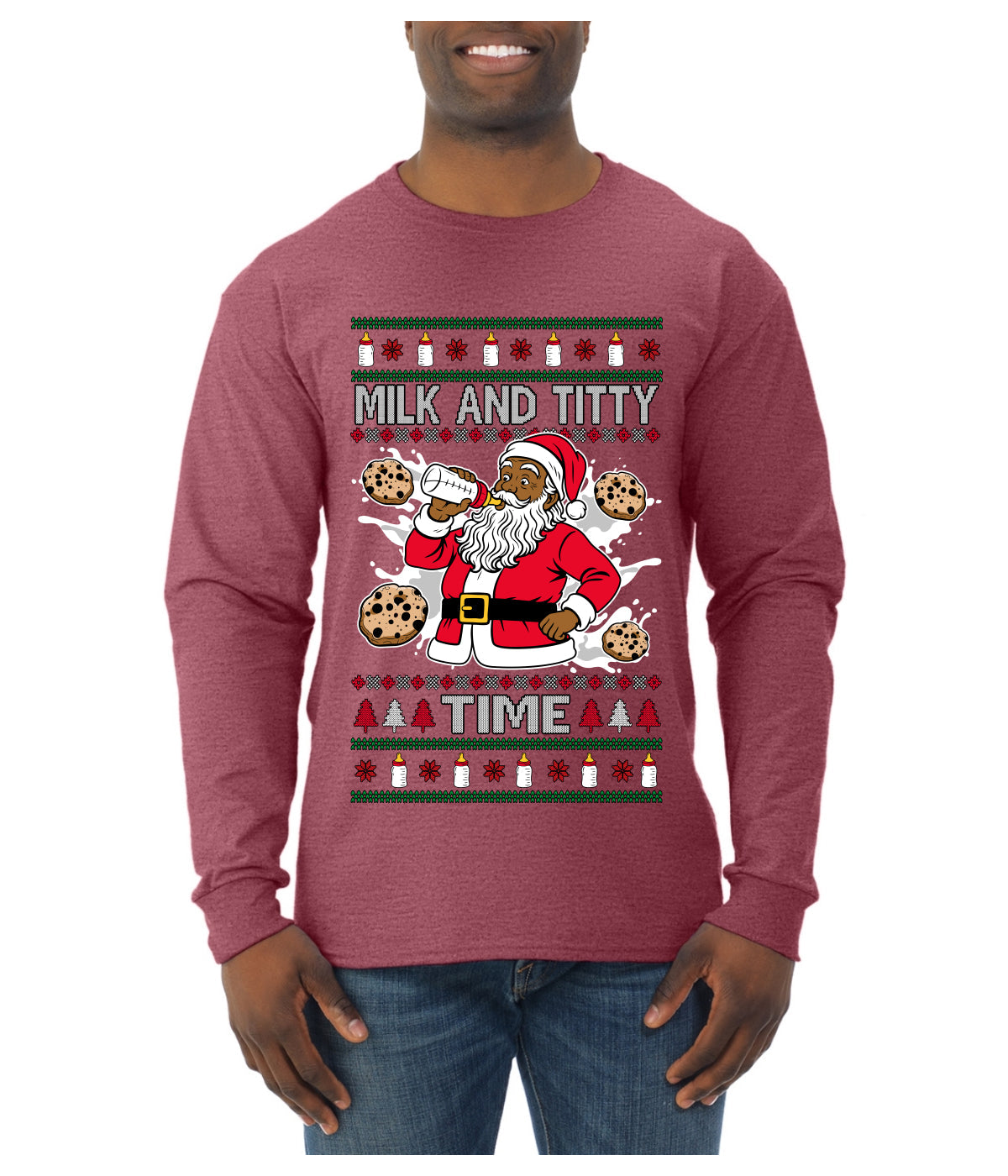 Milk And Titty Time Christmas Sweater, Ugly Christmas Sweater Mens Long Sleeve Shirt