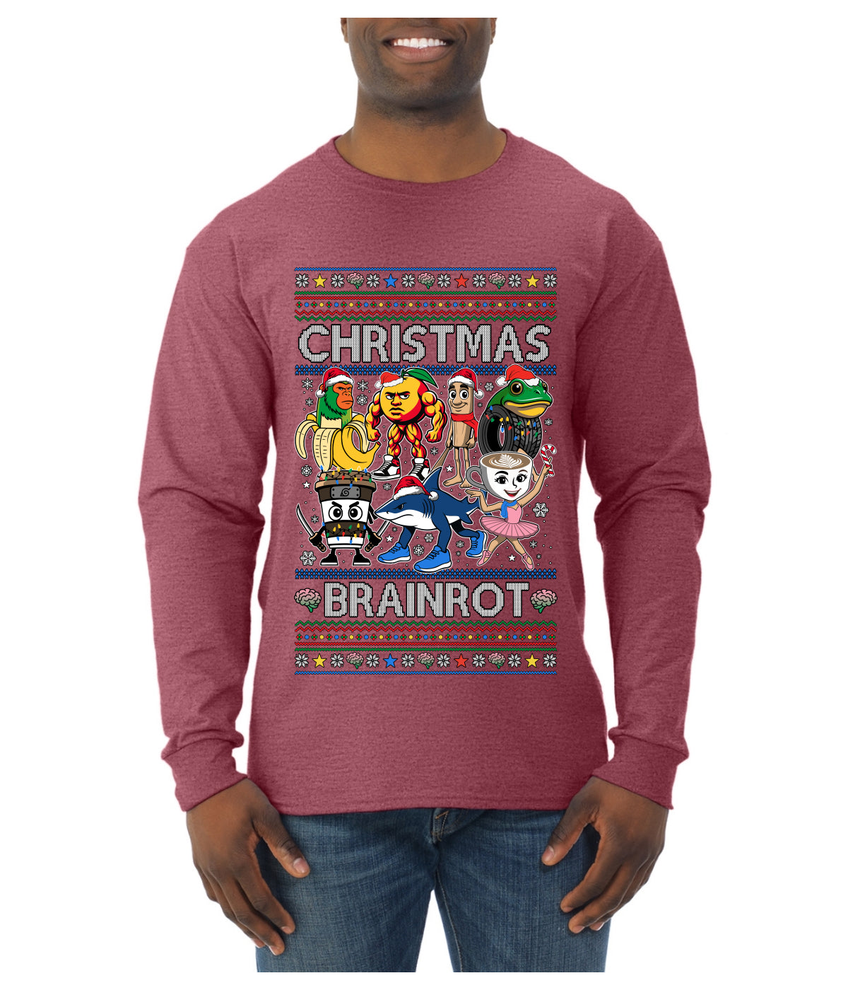 Christmas Brainrot, Ugly Christmas Sweater Mens Long Sleeve Shirt