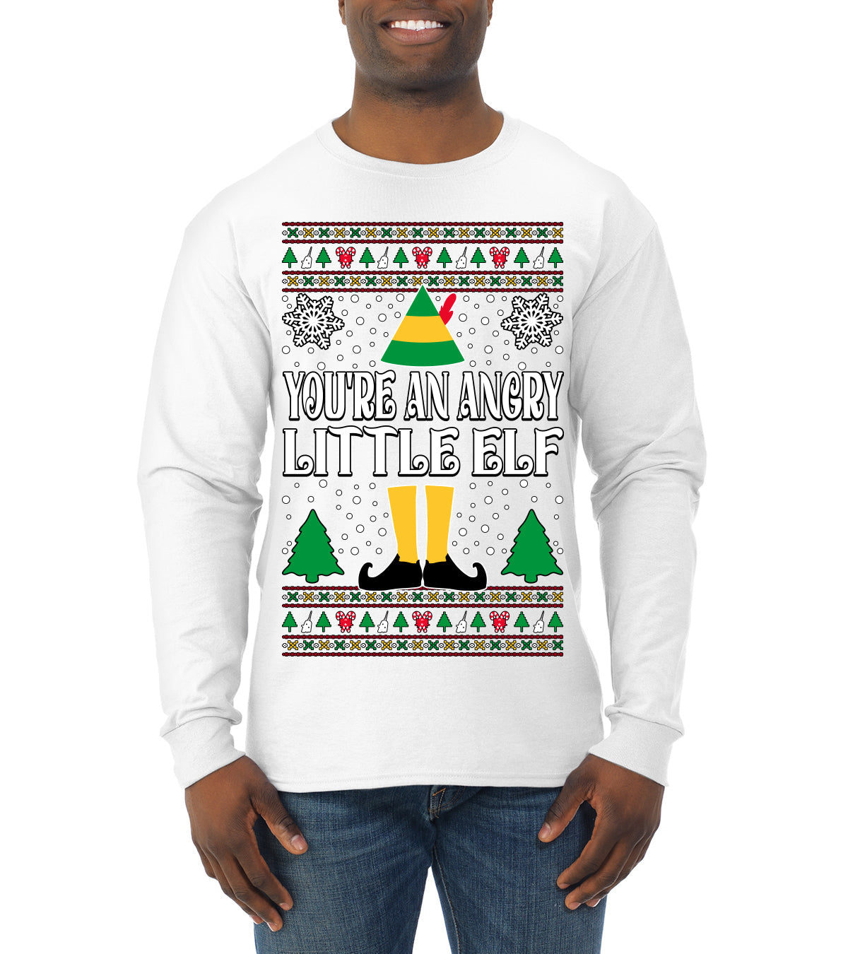You're An Angry Little Elf Christmas Movie Quote  Ugly Christmas Sweater Mens Long Sleeve Shirt