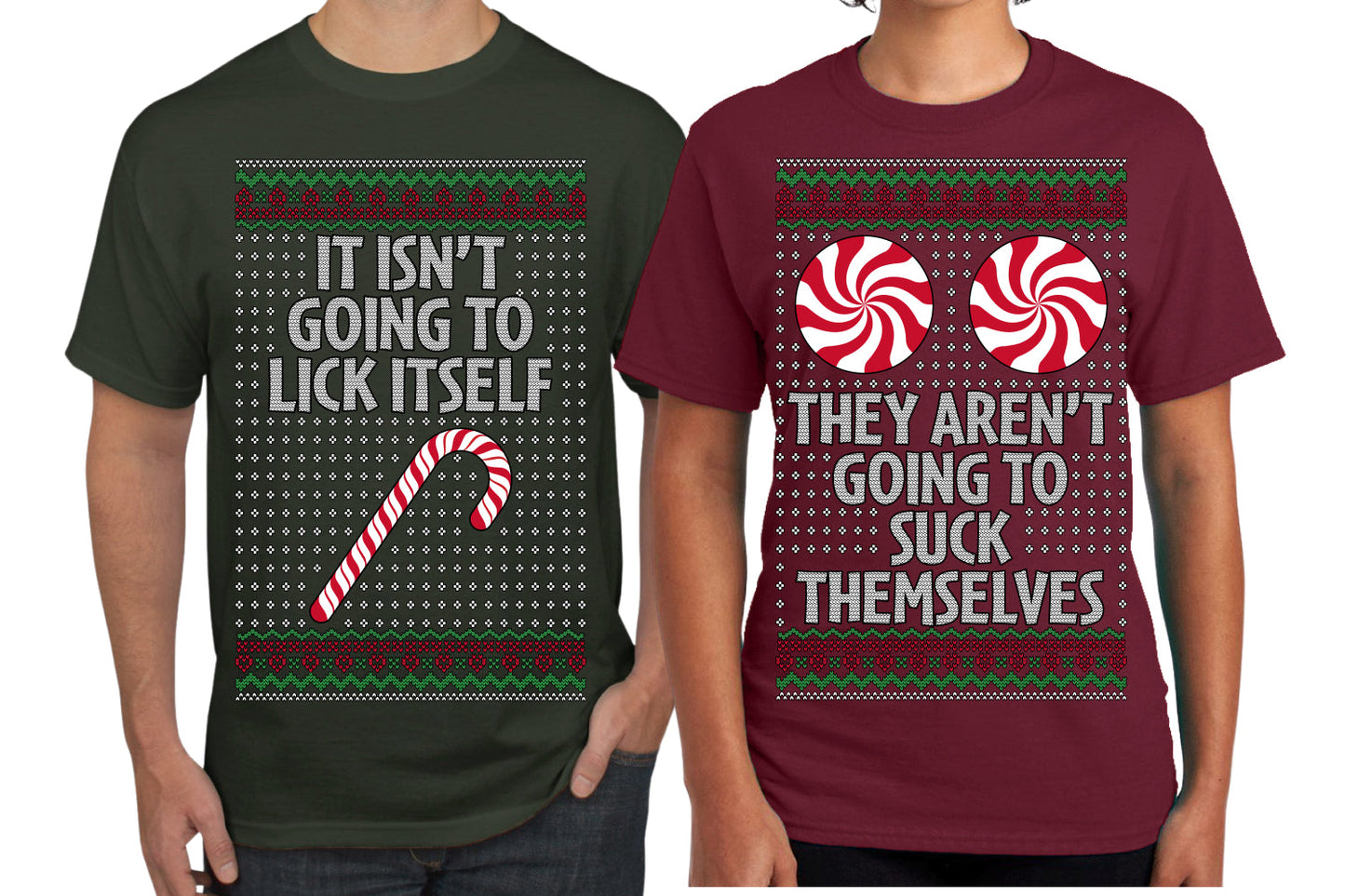 It Isn't Going to Lick Itself Candy Cane They Won't Suck Themselves Funny Couples Shirt Girlfriend Boyfriend Gift His and Hers Matching Ugly Christmas Couple T-Shirt