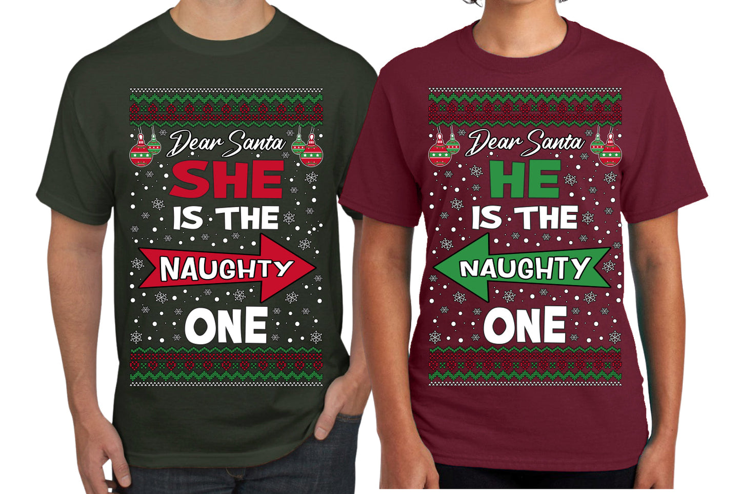 She is Naughty One, He is the Naughty One Funny Couples Shirt Girlfriend Boyfriend Gift His and Hers Matching Ugly Christmas Couple T-Shirt