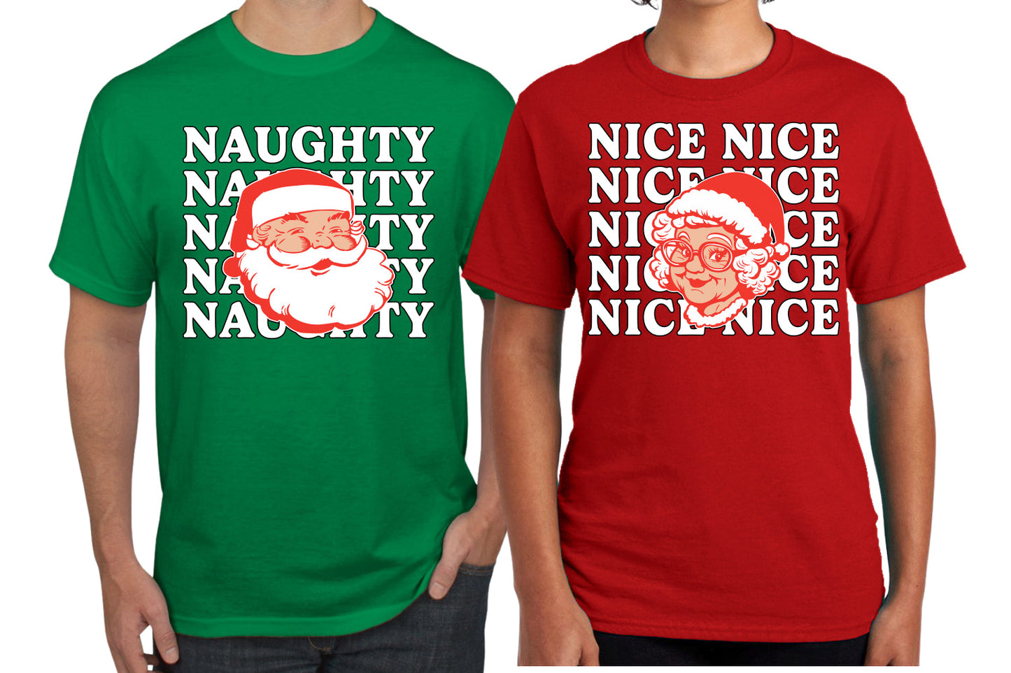 Naughty, Nice Santa Claus Mrs Claus Couples Shirt Girlfriend Boyfriend Gift His and Hers Matching Ugly Christmas Couple T-Shirt