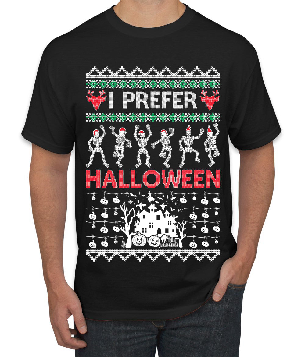 I Prefer Halloween Dancing Skeletons Ugly Christmas Sweater Men's T-Shirt