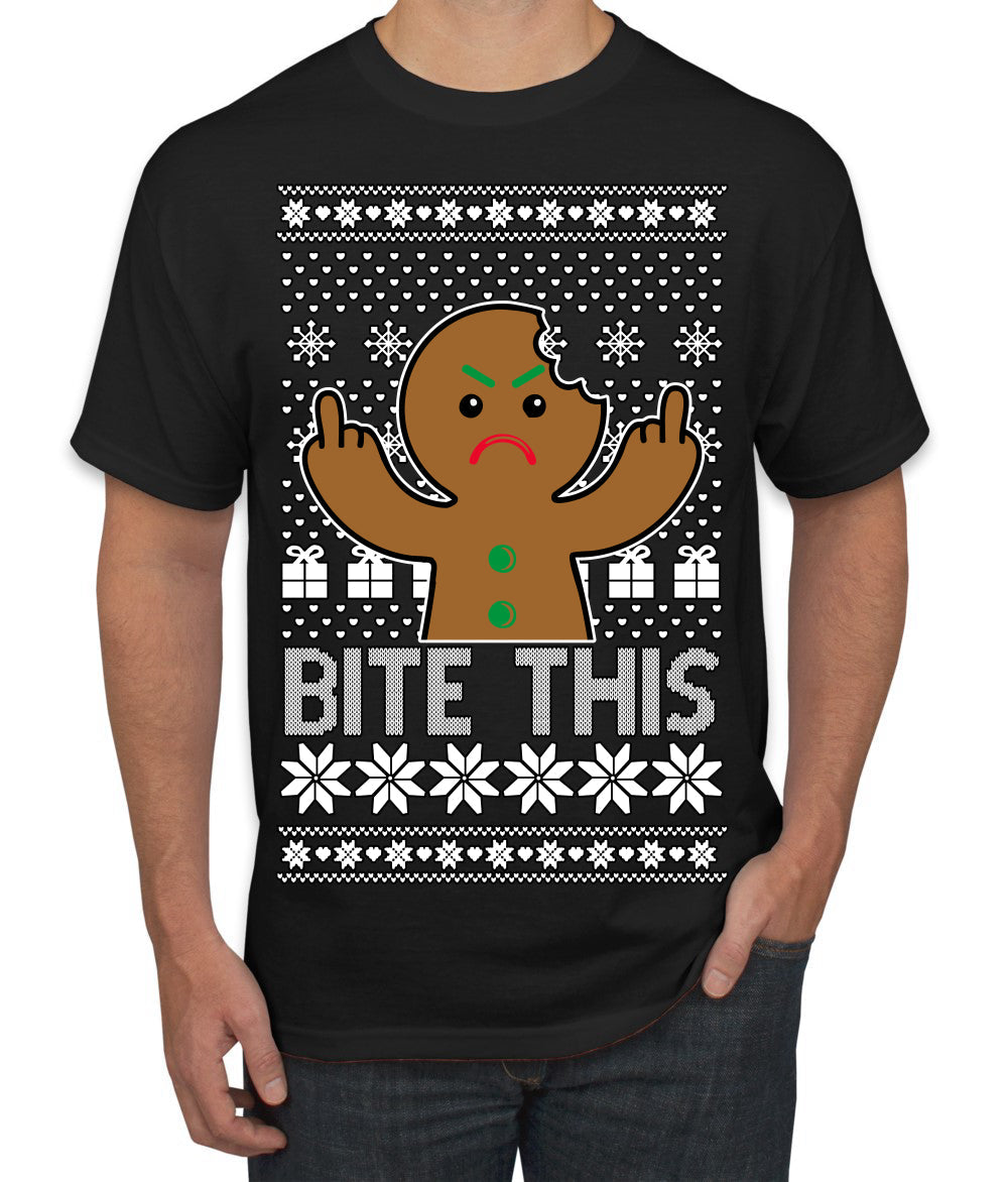 Bite This, Funny Gingerbread Cookie Offensive Inappropriate Middle Finger, F U Ginger Bread Dirty Novelty Xmas Ugly Christmas Sweater Men's T-Shirt