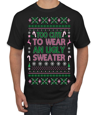 Too Cute to Wear an Ugly Sweater, Funny Classic Pink Candy Cane Reindeer Cute Diva Girl Xmas Ugly Christmas Sweater Men's T-Shirt