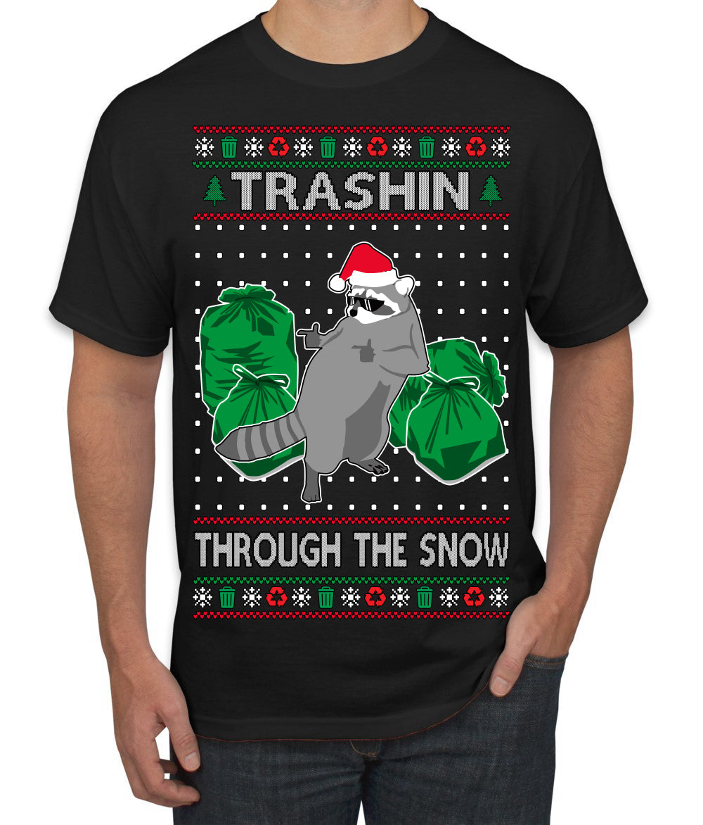 Trashin Through the Snow Funny Trash Panda Raccoon Meme Ugly Christmas Sweater Men's T-Shirt