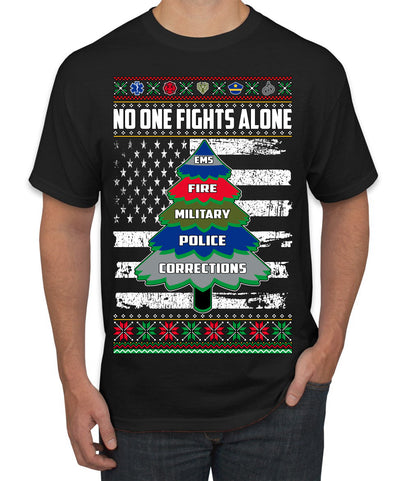 No One Fights Alone Holiday First Responder Police Fire Emt Ugly Christmas Sweater Men's T-Shirt