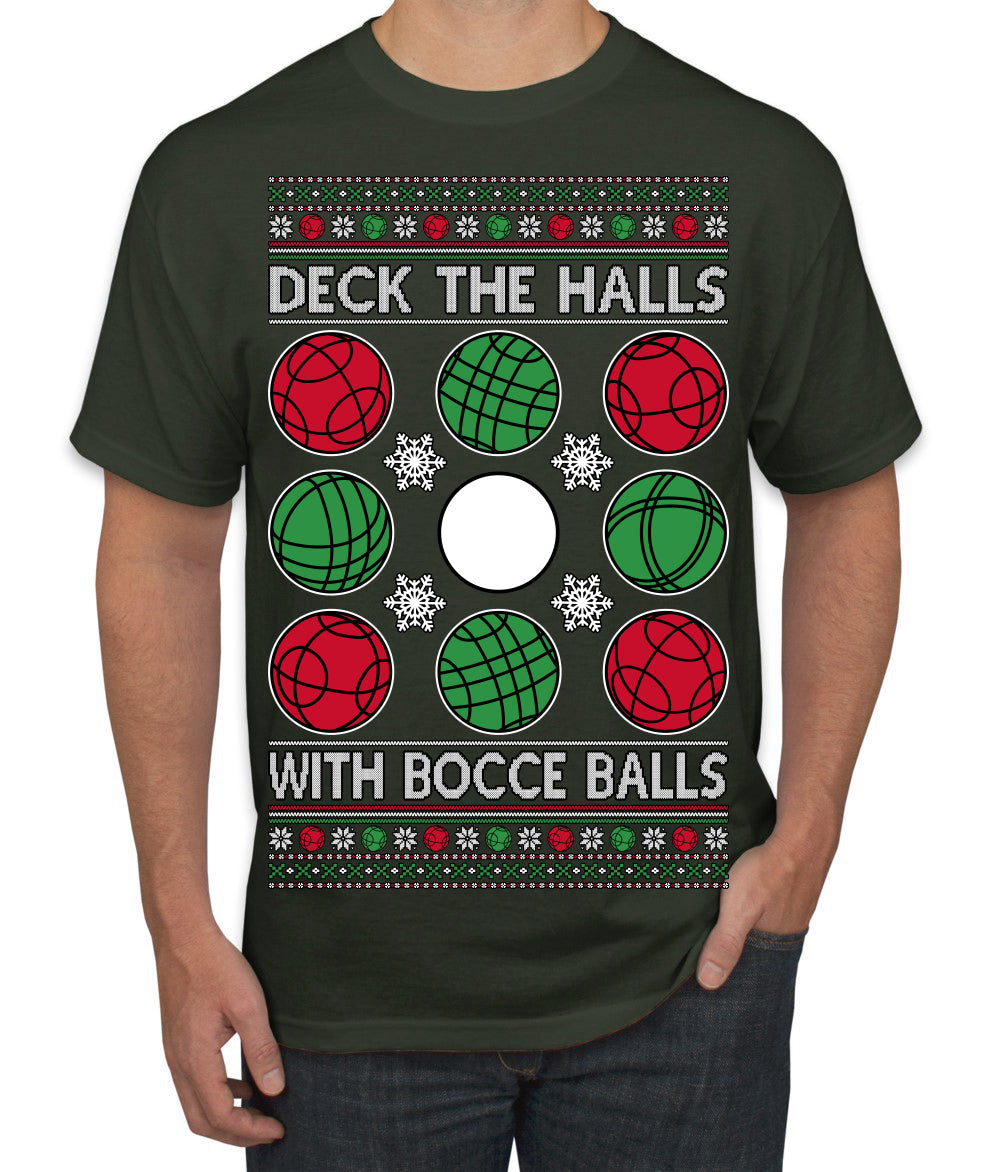 Deck the Halls with Bocce Balls, Funny Classic Italy Italian Sports Ugly Christmas Sweater Men's T-Shirt