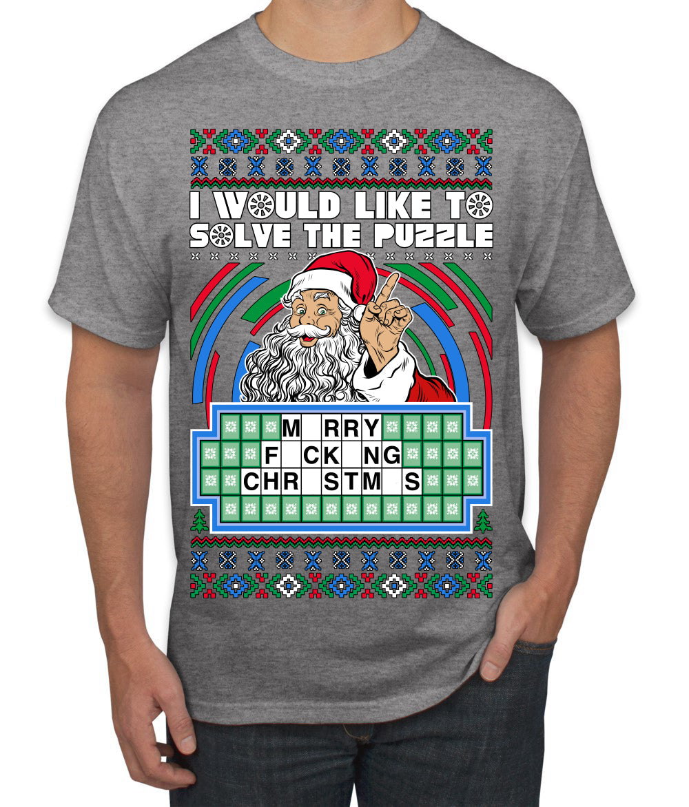Santa Game Show I'd Like To Solve the Puzzle Wheel Ugly Christmas Sweater Men's T-Shirt