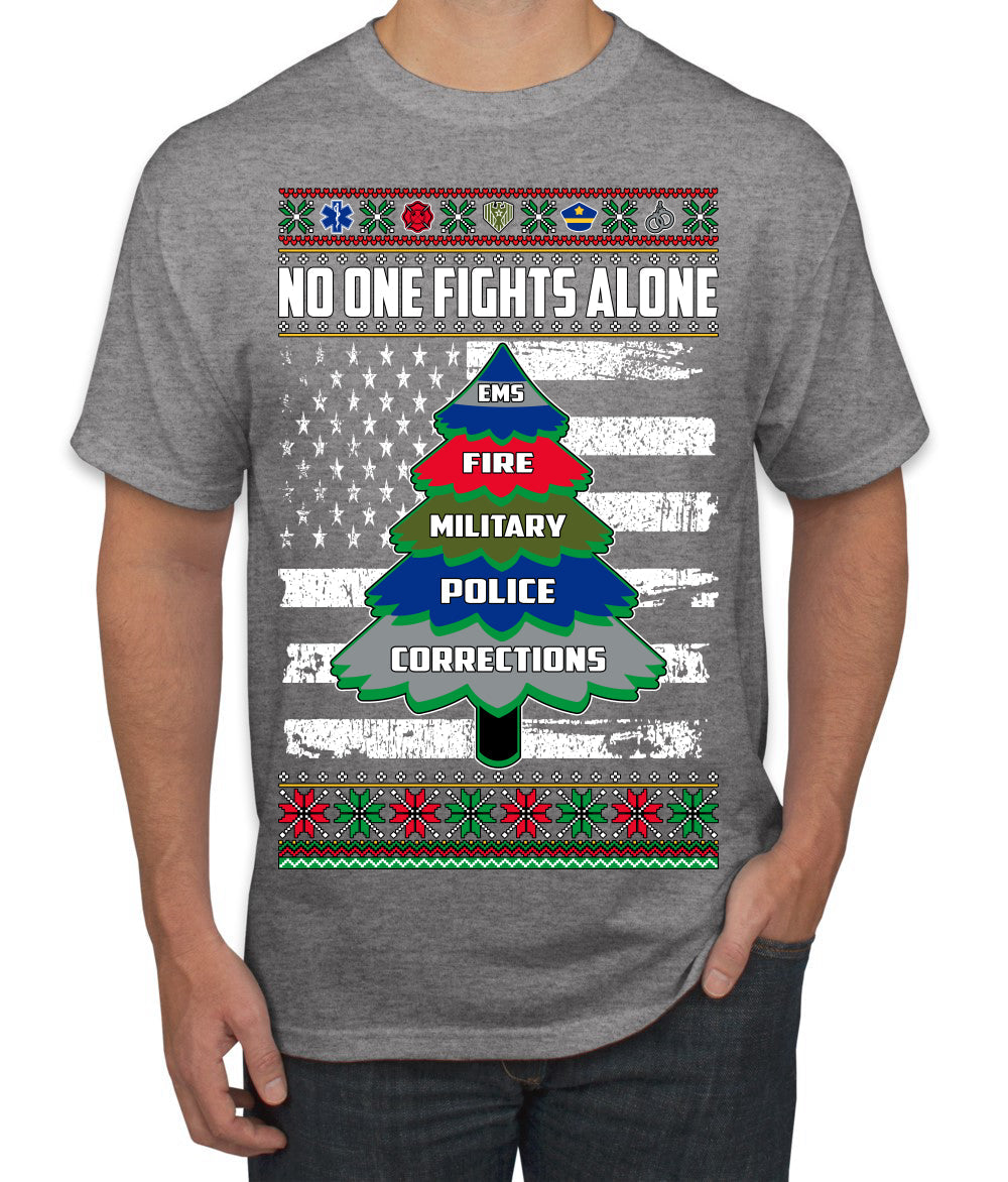 No One Fights Alone Holiday First Responder Police Fire Emt Ugly Christmas Sweater Men's T-Shirt